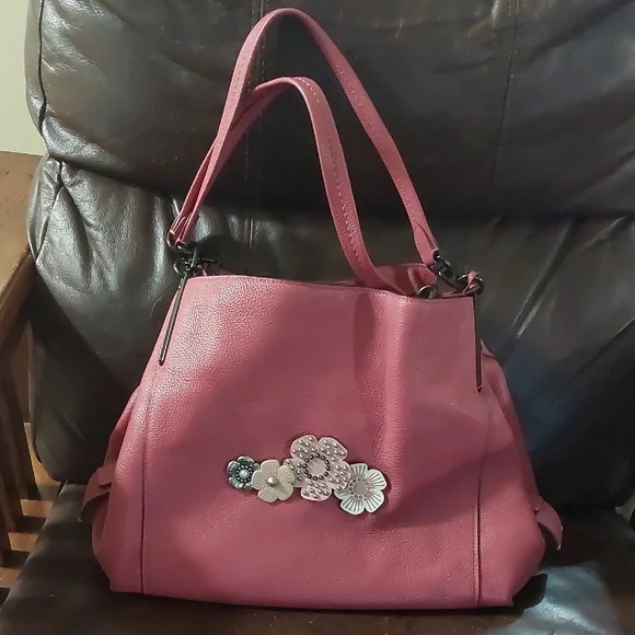 Coach Pink Shoulder Bag with Floral Tea Rose Embellishments - Picture 1 of 8